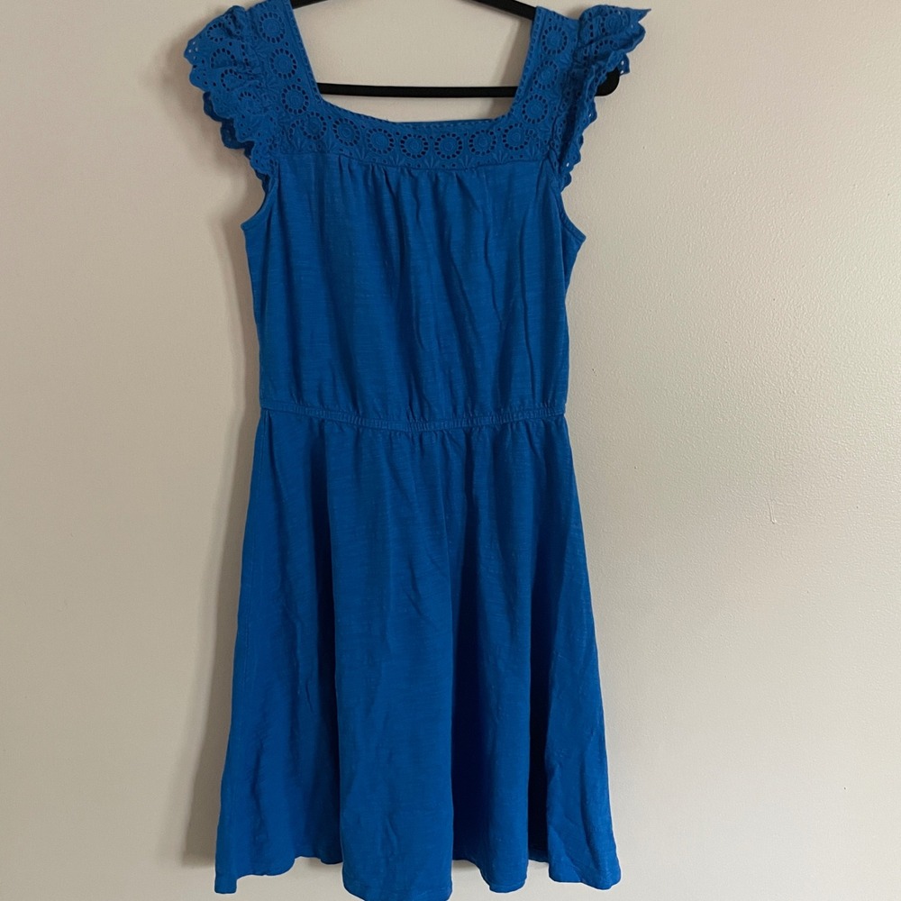 Talbots Fit Flare Dress Womens Small Blue Eyelet Flutter Sleeve‎ Summer Casual